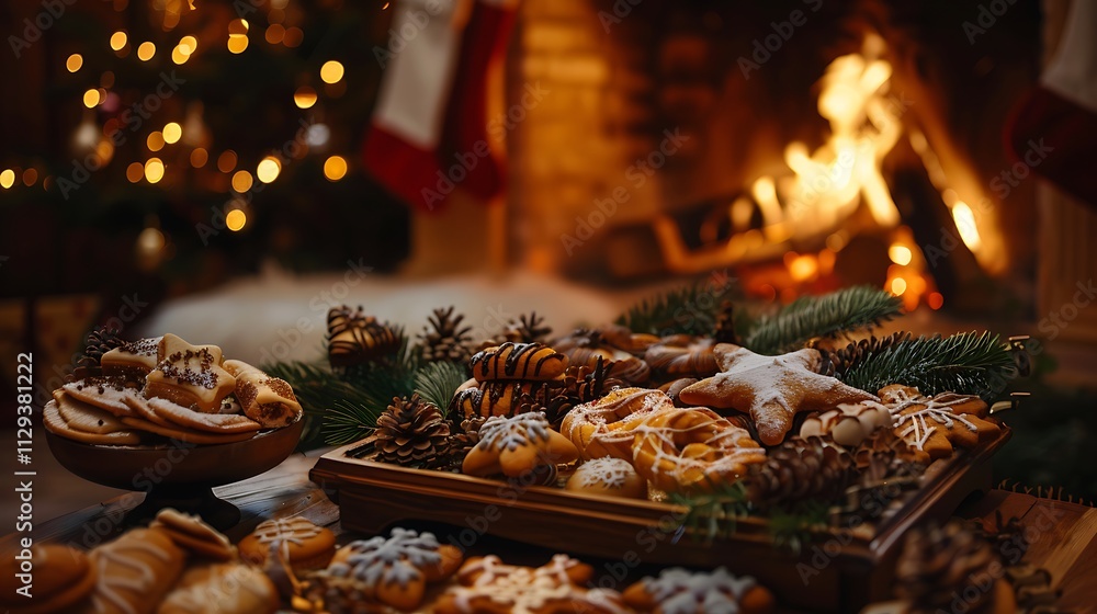 A tray of festive Christmas pastries and cookies with a warm glow from a fireplace A tray of festive Christmas pastries and cookies with a warm glow from a fireplace