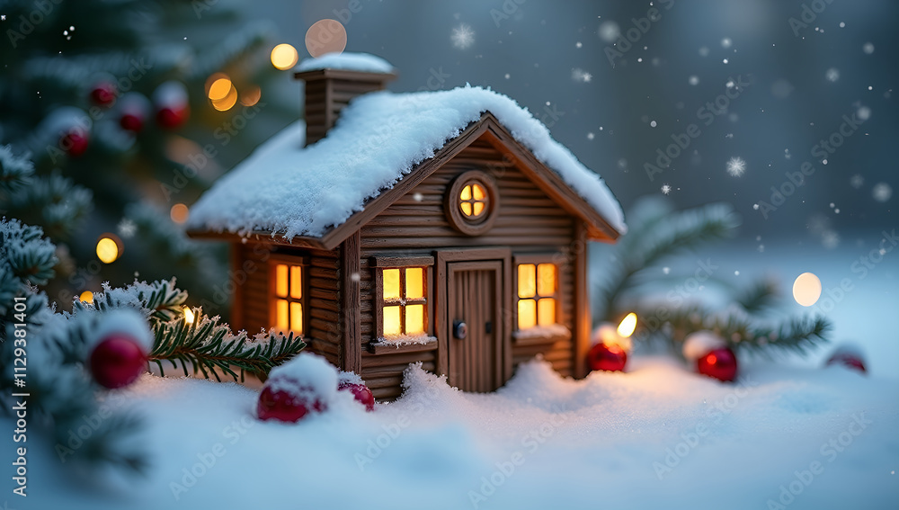 Cozy Cabin Gift Box Amidst a Snowy Scene Cozy Cabin Gift Box Amidst a Snowy Scene