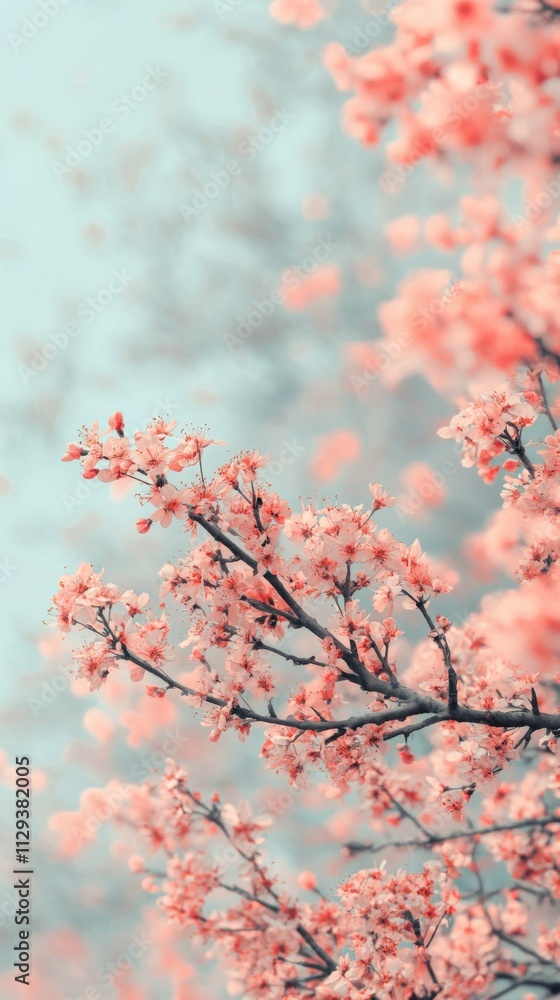 Cherry blossom branches bloom gently under soft blue sky in springtime Cherry blossom branches bloom gently under soft blue sky in springtime