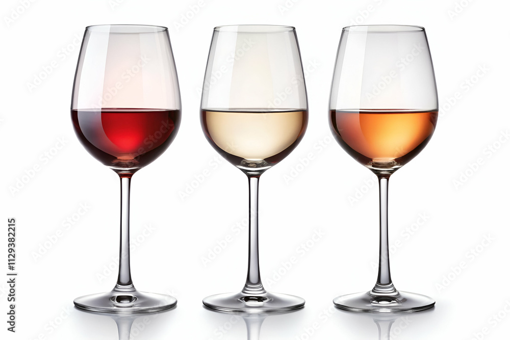 Three elegant wine glasses filled with red, white, and rosé wines, set against a clean background, showcasing a sophisticated beverage selection. Three elegant wine glasses filled with red, white, and rosé wines, set against a clean background, showcasing a sophisticated beverage selection.
