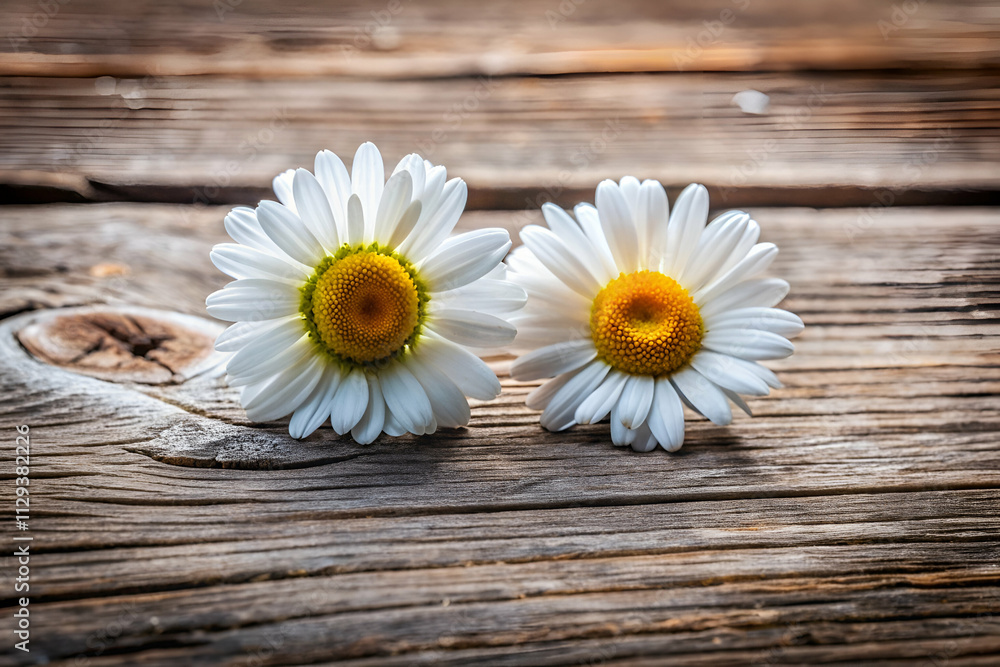 Obraz premium Two white daisies with yellow centers placed on a rustic wooden surface, showcasing natural beauty and simplicity.