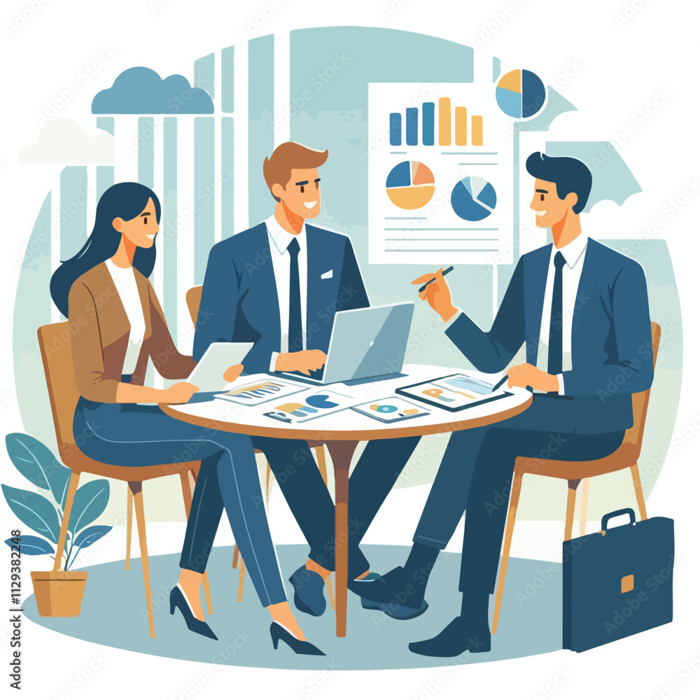 Partners meeting for business discussion with documents and laptop on desk. Couple at round table, speaking, discussing work, partnership. Flat vector on a white background Partners meeting for business discussion with documents and laptop on desk. Couple at round table, speaking, discussing work, partnership. Flat vector on a white background