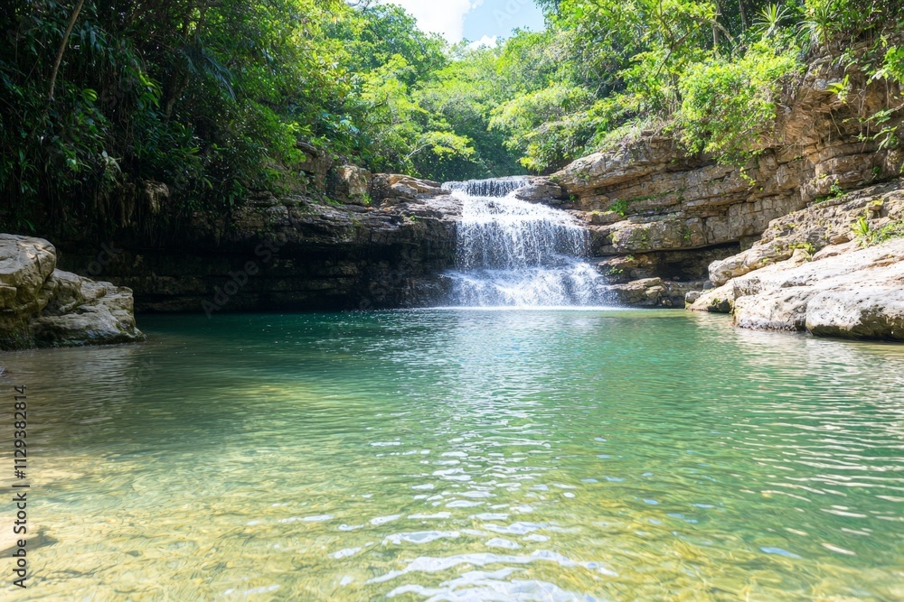 Naklejka premium Tranquil Waterfall Cascading into a Crystal-Clear Pool Surrounded by Lush Tropical Foliage