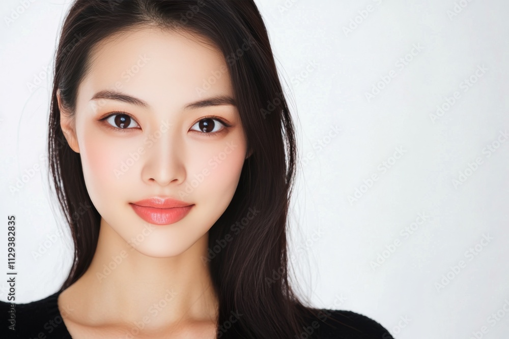 Portrait of a young woman with long dark hair and natural makeup in a soft light setting Portrait of a young woman with long dark hair and natural makeup in a soft light setting