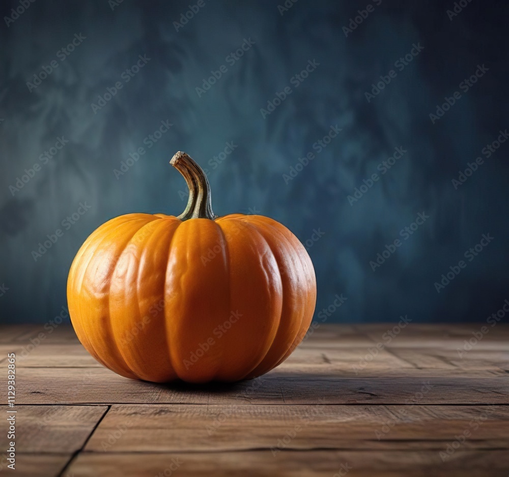 warm golden light illuminating an orange pumpkin placed on a wooden table with a rustic blue background, wooden furniture, seasonal decor warm golden light illuminating an orange pumpkin placed on a wooden table with a rustic blue background, wooden furniture, seasonal decor