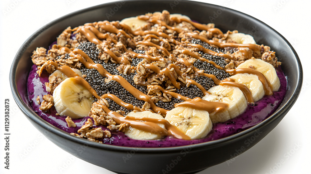 A vibrant acai bowl topped with granola, banana slices, chia seeds, and a drizzle of peanut butter. A vibrant acai bowl topped with granola, banana slices, chia seeds, and a drizzle of peanut butter.