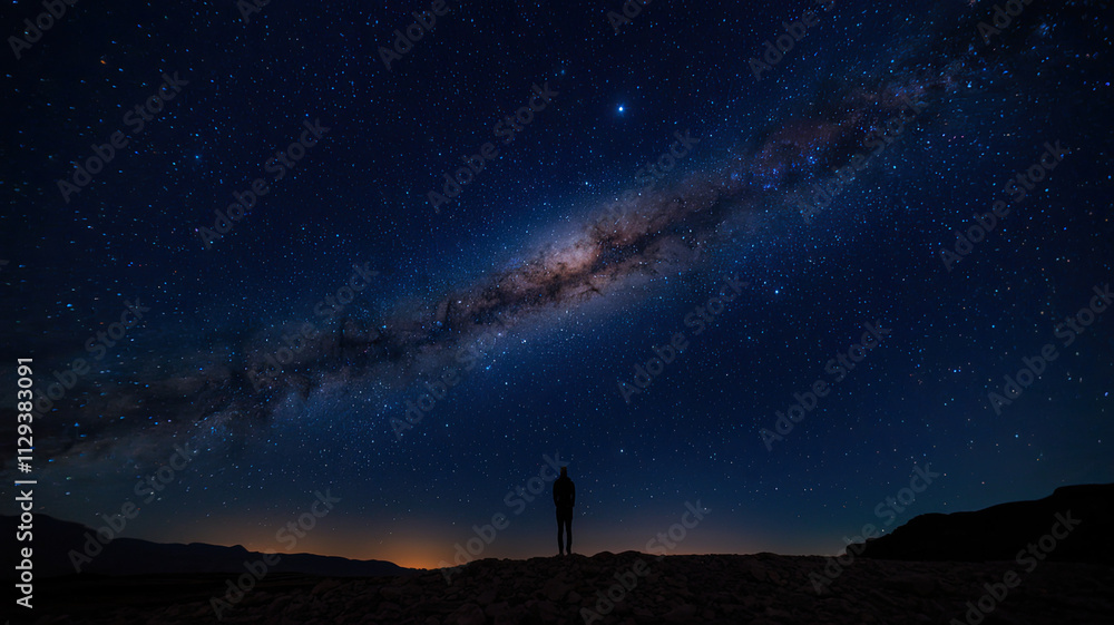 Breathtaking night sky with countless stars and a prominent galaxy, silhouetted person standing on a rocky outcrop, horizon marked by a mountain range, evoking wonder and connection to the universe. Breathtaking night sky with countless stars and a prominent galaxy, silhouetted person standing on a rocky outcrop, horizon marked by a mountain range, evoking wonder and connection to the universe.