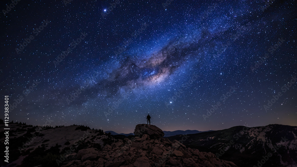Breathtaking night sky with countless stars and a prominent galaxy, silhouetted person standing on a rocky outcrop, horizon marked by a mountain range, evoking wonder and connection to the universe. Breathtaking night sky with countless stars and a prominent galaxy, silhouetted person standing on a rocky outcrop, horizon marked by a mountain range, evoking wonder and connection to the universe.