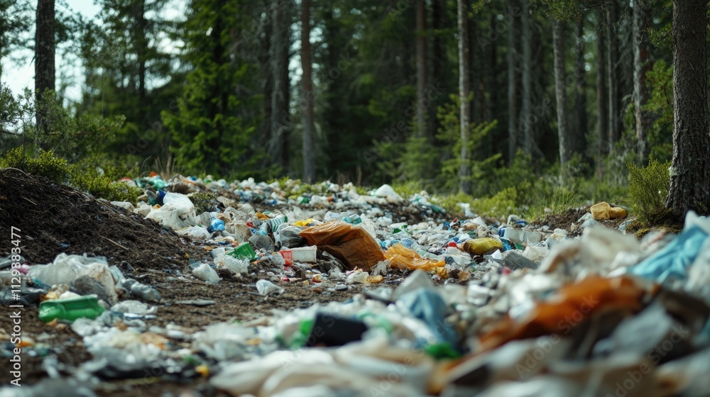 A discarded pile of trash in a forest environment A discarded pile of trash in a forest environment