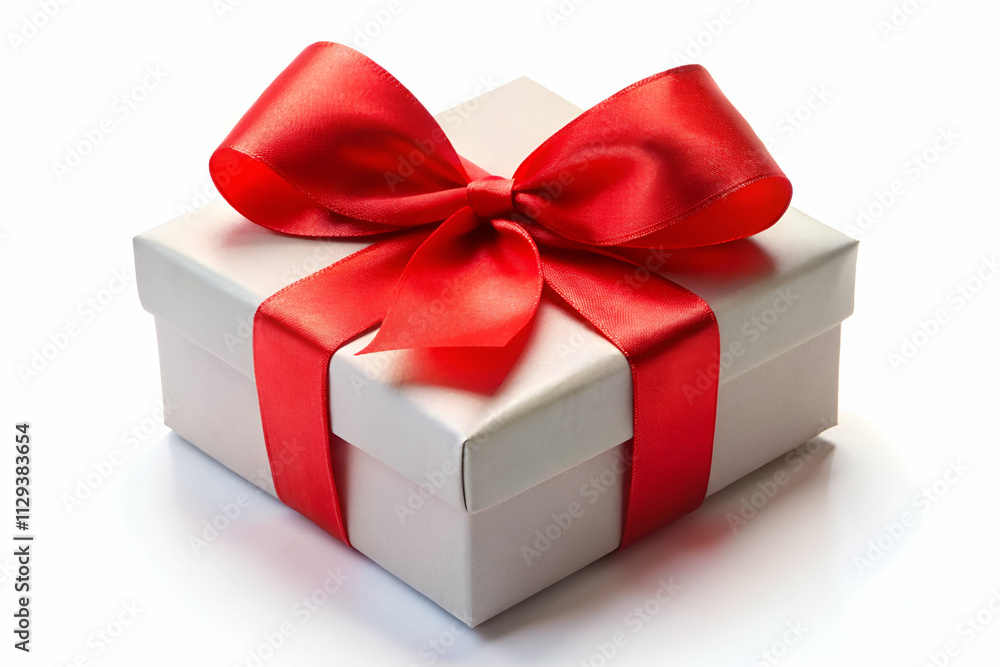 Fototapeta premium A beautifully wrapped gift box with a vibrant red ribbon, perfect for celebrations and special occasions.