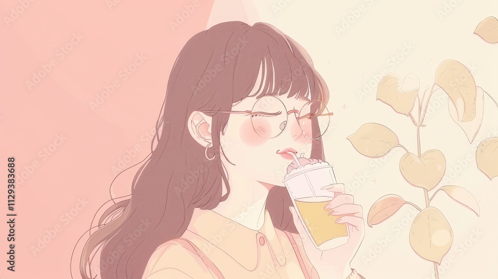 Girl enjoying a drink in pastel colors. Girl enjoying a drink in pastel colors.