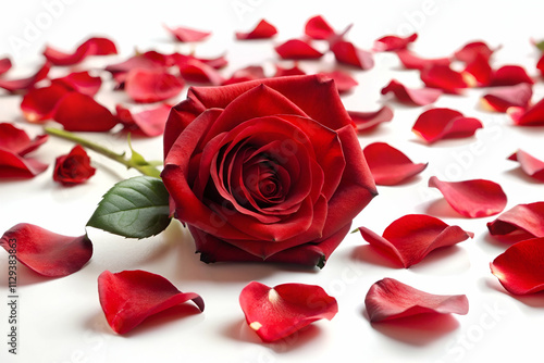 A single red rose surrounded by scattered rose petals on a white background, symbolizing love and romance.