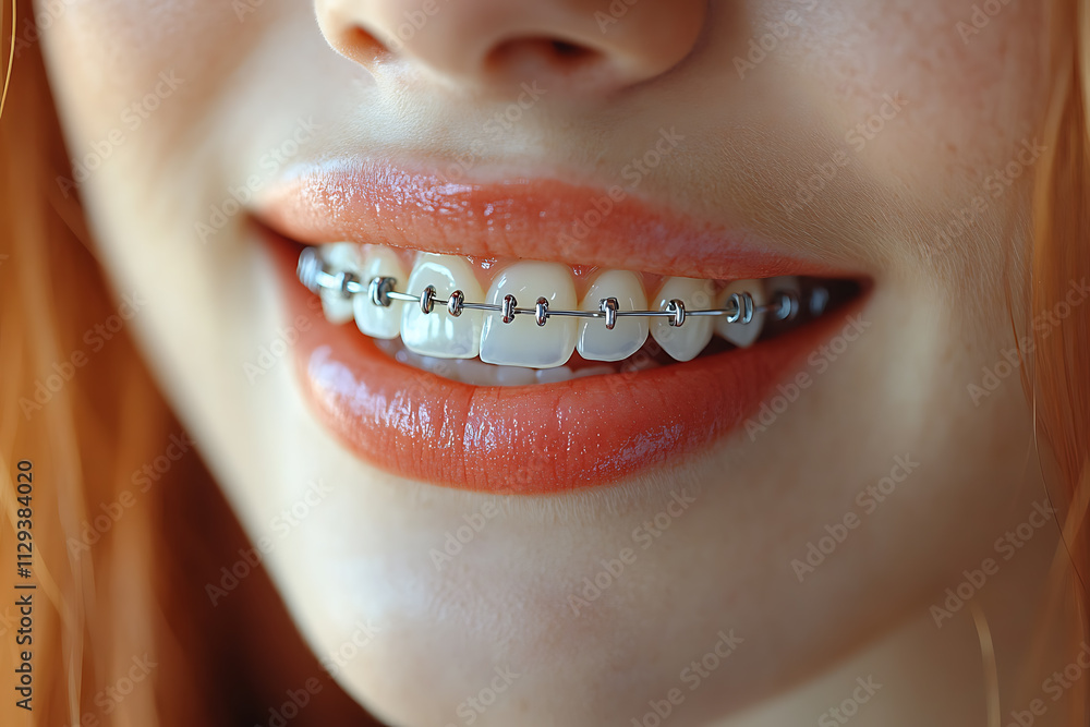 Fototapeta premium A close-up of a smiling woman confidently displaying braces on her teeth, with clean and bright lighting that highlights her dental health and symbolizes confidence.