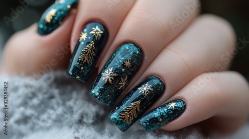 Abstract Blue and Green Chrome with Holiday Themes: Bold abstract chrome nails in blue and green hues, accented with subtle holiday motifs like Christmas trees, stars, and gifts. photo