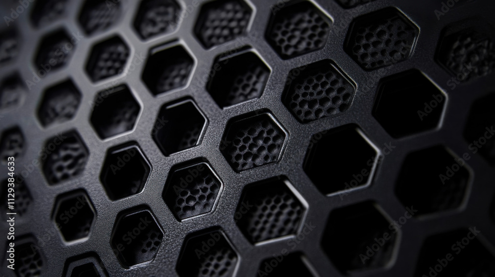 Close-up view of a textured black panel featuring a hexagonal mesh pattern in a modern design with industrial appeal Close-up view of a textured black panel featuring a hexagonal mesh pattern in a modern design with industrial appeal