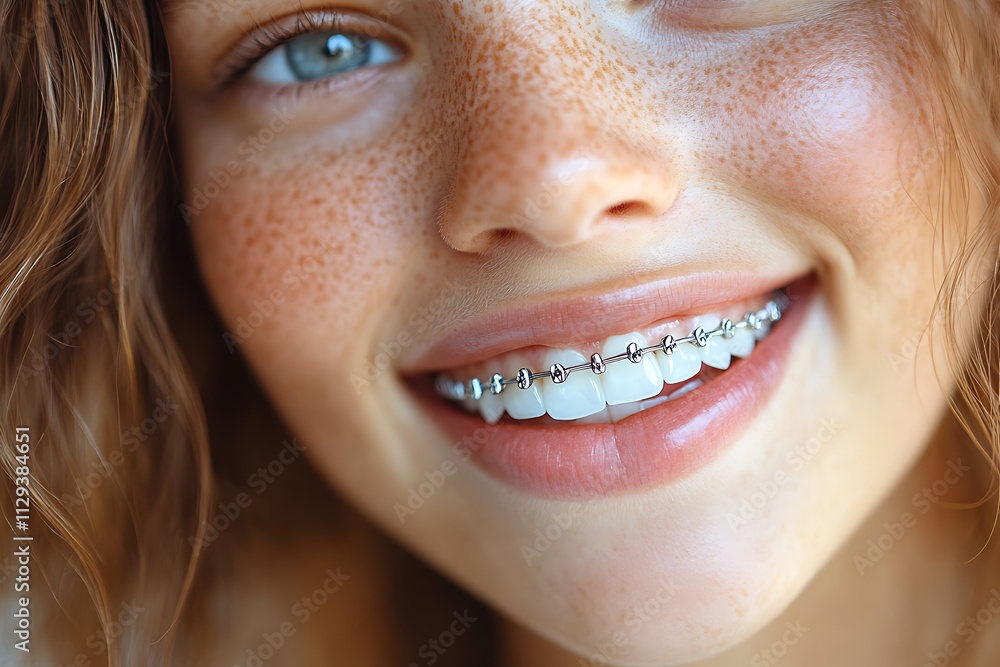 Fototapeta premium A close-up of a smiling woman confidently displaying braces on her teeth, with clean and bright lighting that highlights her dental health and symbolizes confidence.