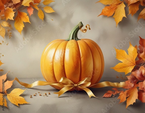 Watercolor artwork featuring a pumpkin with a gold ribbon and fall leaves, pumpkin, watercolor, fall leaves, painted photo