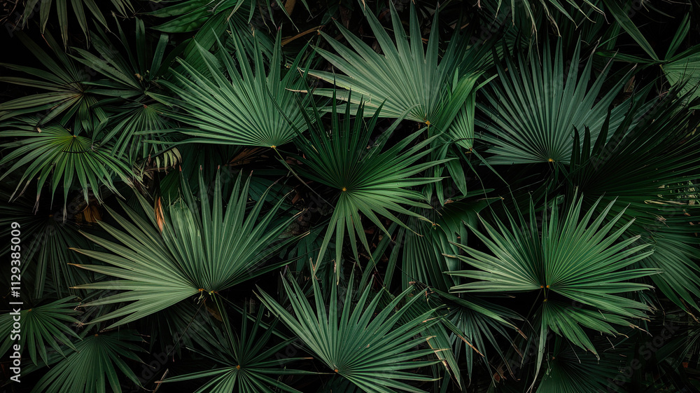Lush green backdrop dominated by intricate palm leaf patterns, with long, slender, fan-shaped leaves radiating in various green shades, showcasing light and shadow play, evoking tropical rainforest Lush green backdrop dominated by intricate palm leaf patterns, with long, slender, fan-shaped leaves radiating in various green shades, showcasing light and shadow play, evoking tropical rainforest