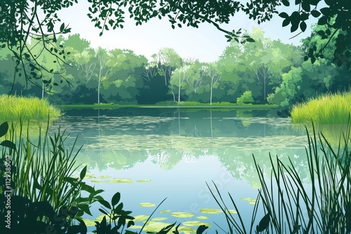 A serene lake scene surrounded by lush greenery and reeds, reflecting the calmness of nature.