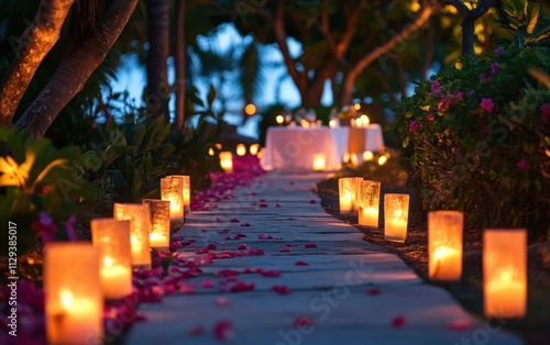 A candlelit pathway leading to a cozy dinner setup for valentines day