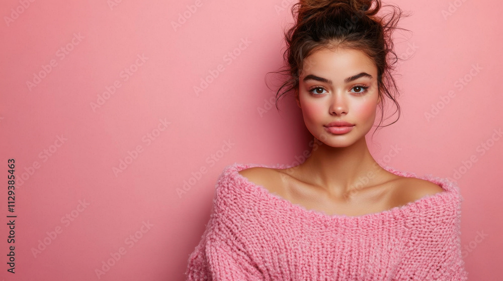 A stylish young woman poses confidently in a cozy pink sweater, creating a warm and inviting atmosphere perfect for holiday promotions. The soft pink background enhances the festive spirit. A stylish young woman poses confidently in a cozy pink sweater, creating a warm and inviting atmosphere perfect for holiday promotions. The soft pink background enhances the festive spirit.