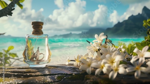 Tropical Perfume Bottle on Beach with Plumeria Flowers