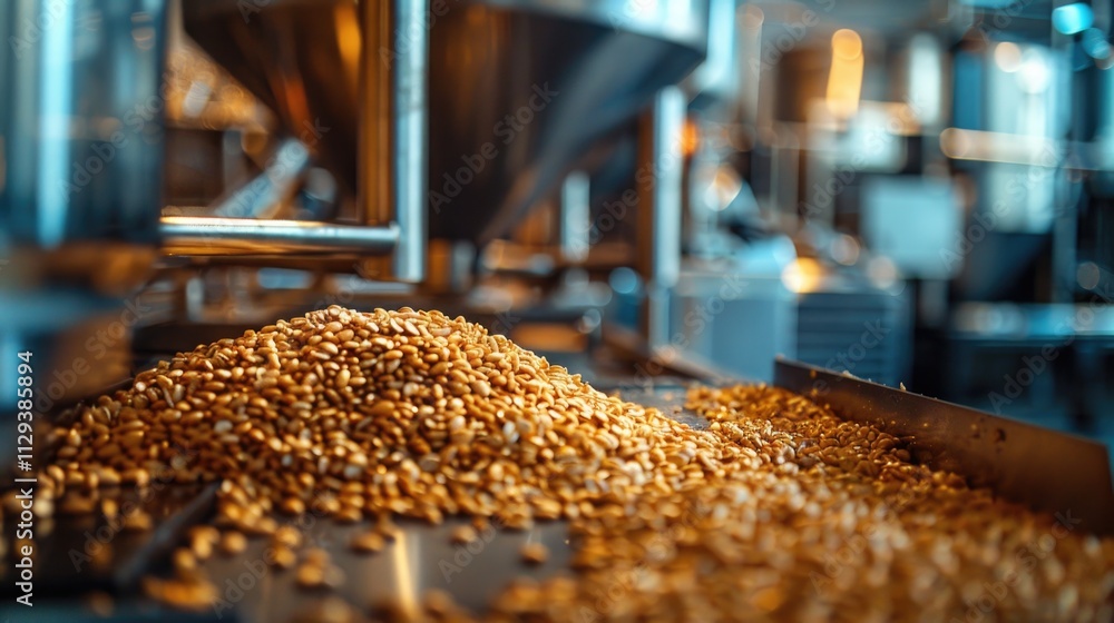 A large pile of grain being transported on a conveyor belt