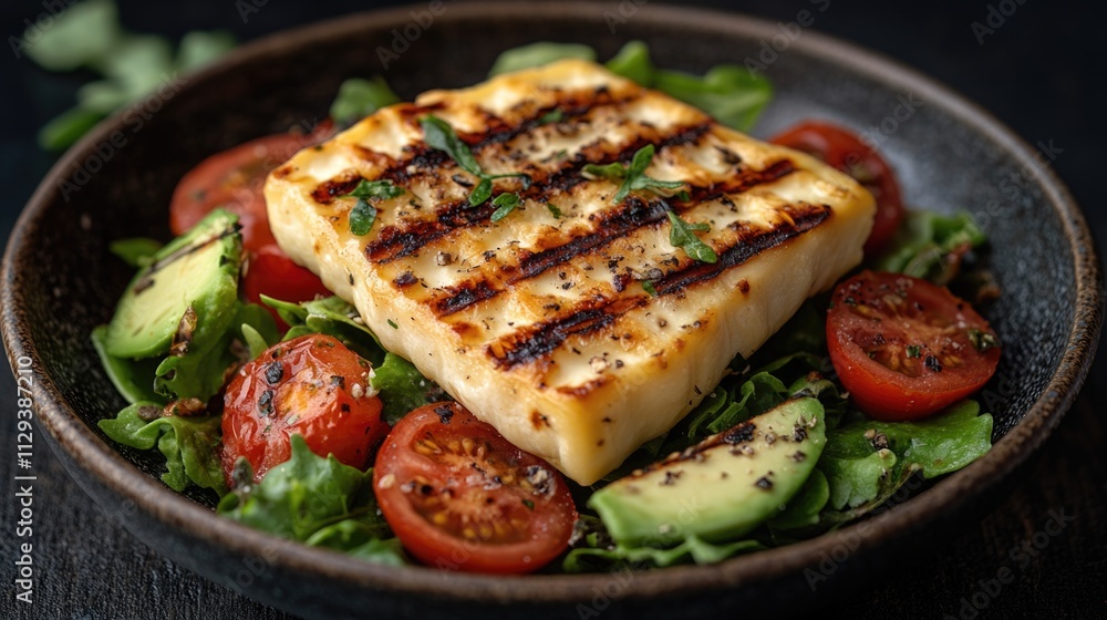 A healthy plate of food featuring tofu, tomatoes, and avocado A healthy plate of food featuring tofu, tomatoes, and avocado