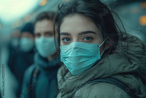 People in masks gathered together, can be used for health and safety themes, public awareness campaigns or even futuristic scenes photo