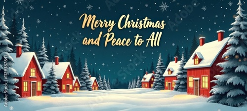 Wallpaper Mural A cozy Christmas card design featuring a snowy village, glowing windows, with the text 'Merry Christmas and Peace to All' in elegant gold script Torontodigital.ca
