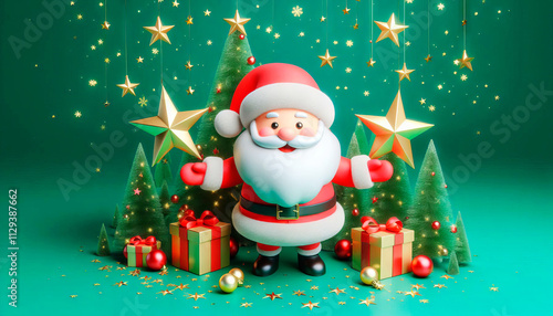 Cartoonish Santa Claus in front of Christmas tree and presents. Festive and cheerful scene, with bright colors of tree and presents adding to holiday spirit