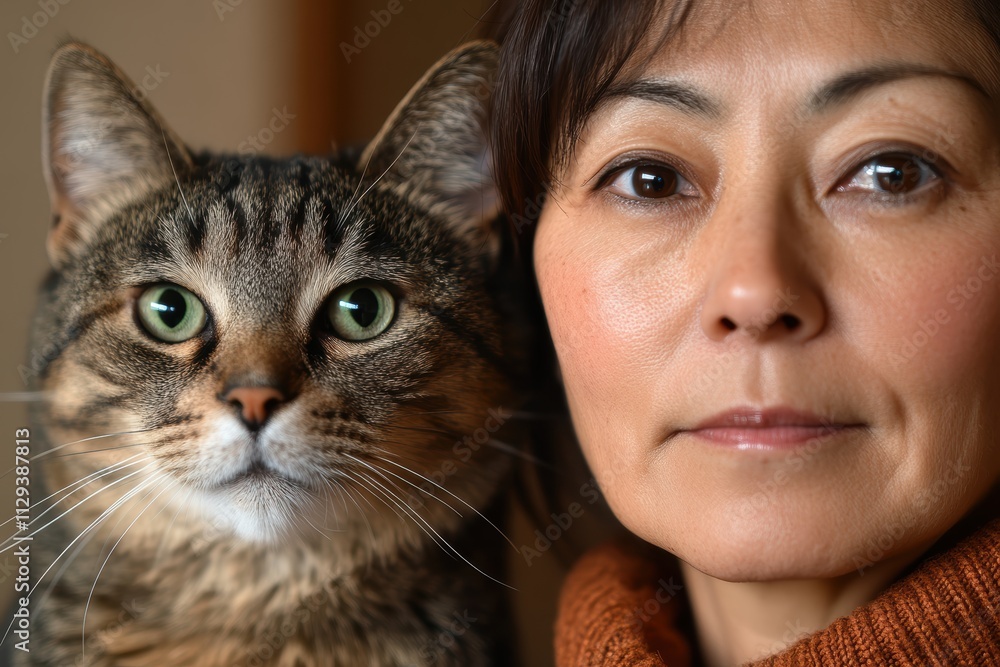 猫と並んでいる女性が穏やかに微笑む瞬間 猫と並んでいる女性が穏やかに微笑む瞬間