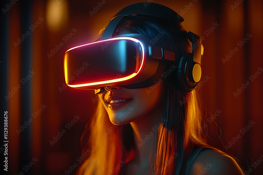 Woman using VR headset, illuminated by warm light. Woman using VR headset, illuminated by warm light.