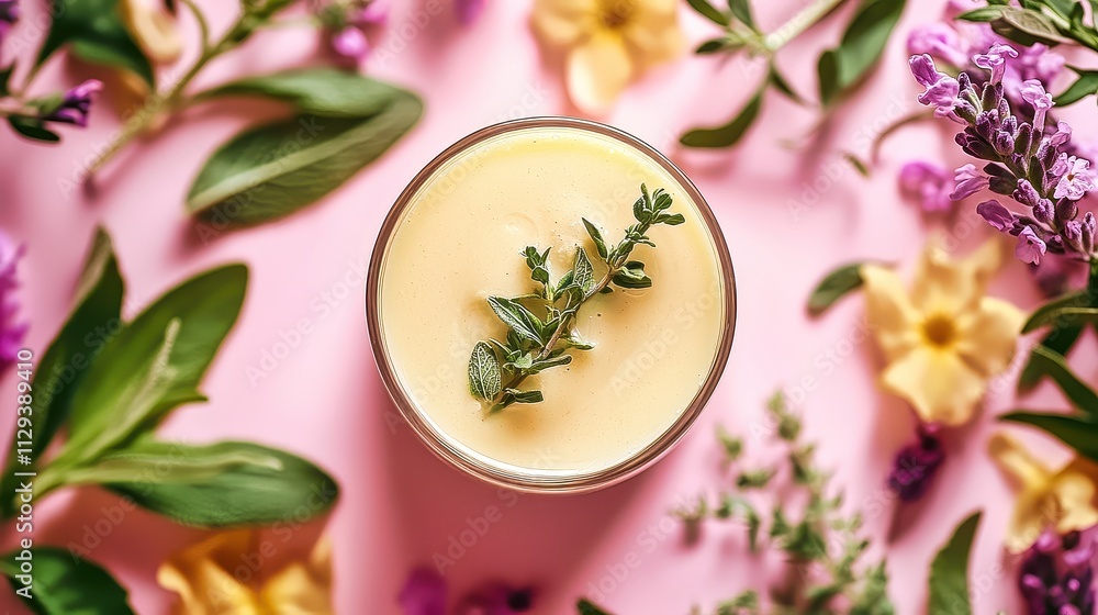 Refreshing lavender-infused drink garnished with vibrant flowers, set against a soft pastel backdrop Refreshing lavender-infused drink garnished with vibrant flowers, set against a soft pastel backdrop