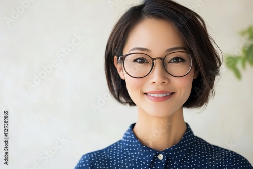 Smiling woman with glasses poses in front of a neutral background during daylight hours