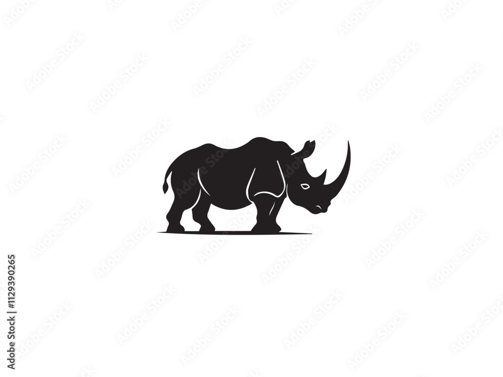 Fototapeta premium Wild black Rhino Silhouette on white background. Black and white rhino vector silhouette. Animal Silhouette. Vector illustration. 