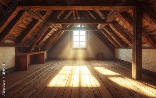 A cozy, empty attic room with wooden beams, warm natural light from a skylight, and rustic wooden floors