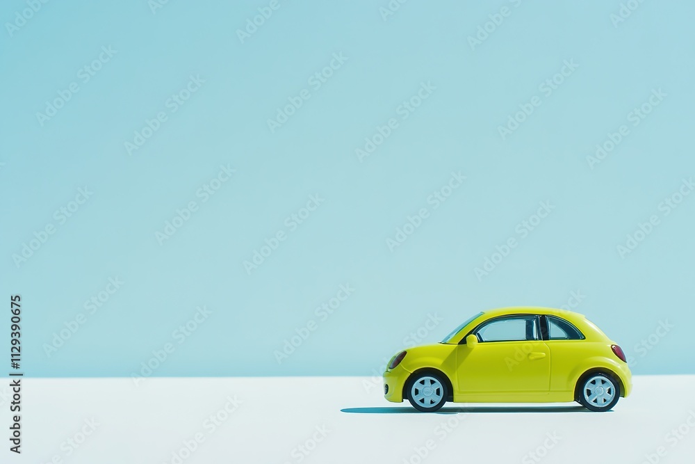 small rental car toy in bright yellow placed on seamless white surface small rental car toy in bright yellow placed on seamless white surface