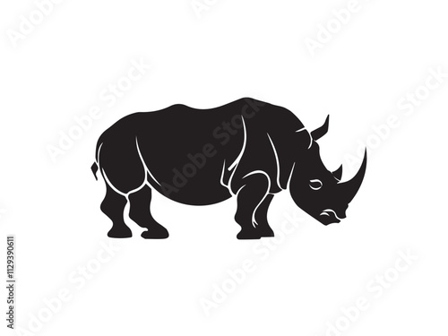 Wild black Rhino Silhouette on white background. Black and white rhino vector silhouette. Animal Silhouette. Vector illustration. 