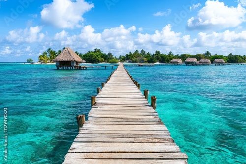 Wooden pier leads to tropical overwater bungalows on a secluded island, turquoise water.