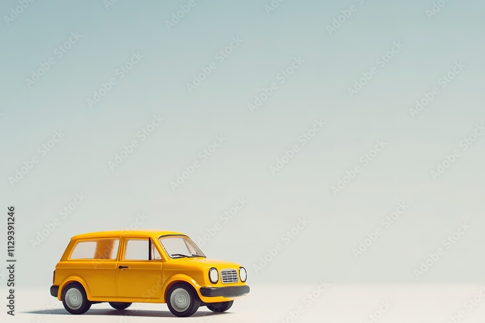 small rental car toy in bright yellow placed on seamless white surface small rental car toy in bright yellow placed on seamless white surface