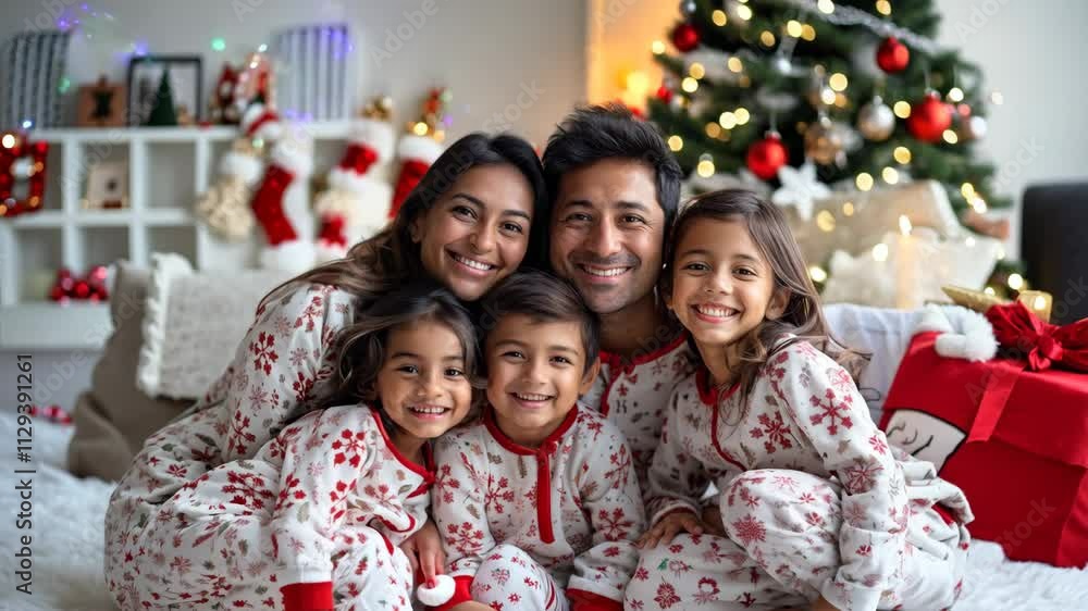 Smiling family in matching pajamas celebrating Christmas by the tree, radiating warmth and festive joy.