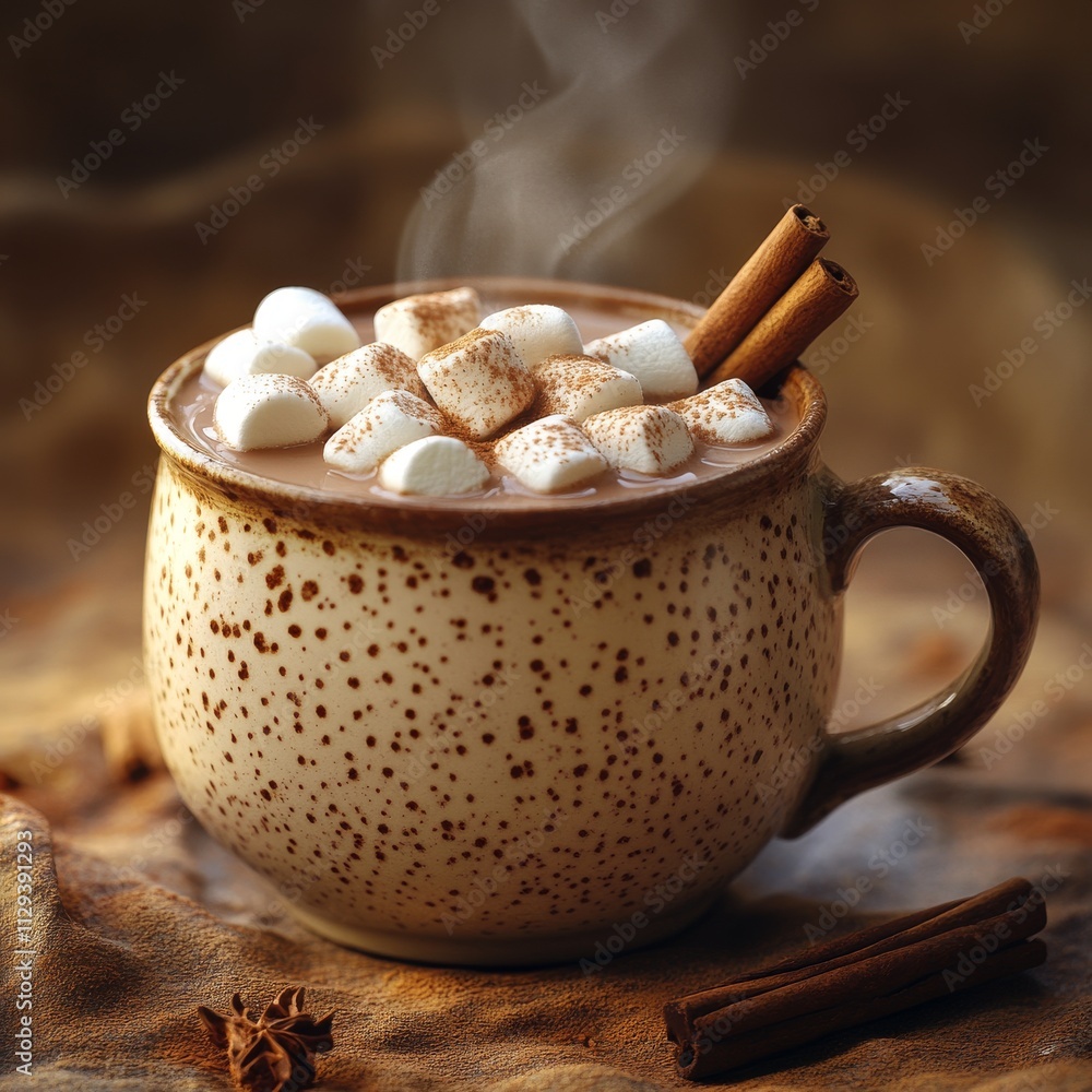A steaming mug of hot chocolate with marshmallows and a cinnamon stick A steaming mug of hot chocolate with marshmallows and a cinnamon stick