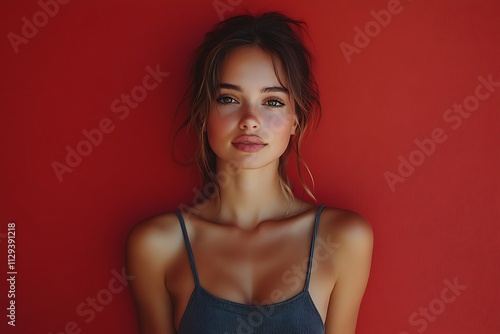 Young Woman Red Background Casual Camisole Portrait