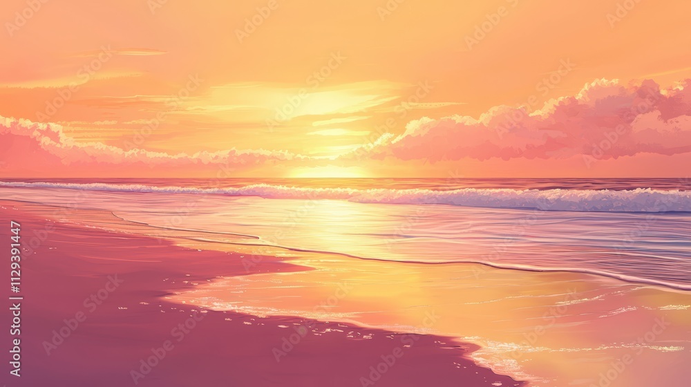 Obraz premium A serene beach at sunset, with vibrant orange and pink hues reflecting on the water, creating a peaceful and picturesque atmosphere.