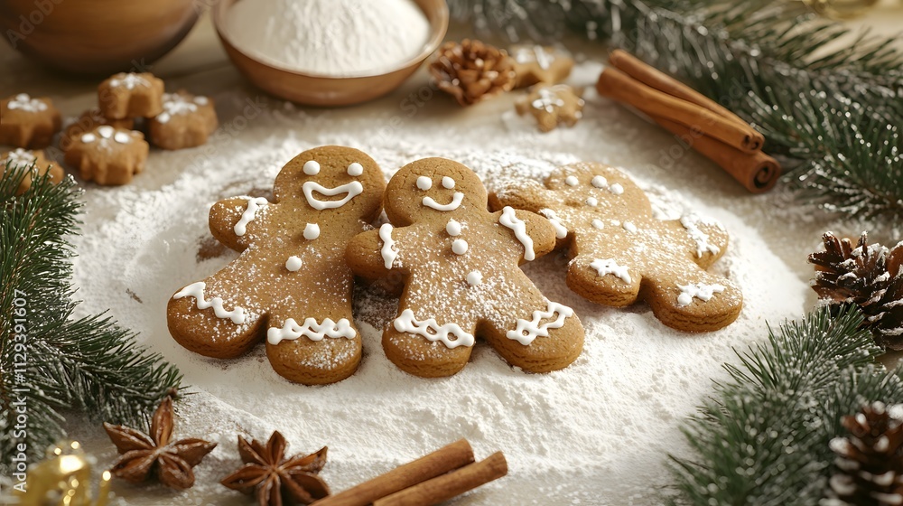 A festive and Christmas-themed background with gingerbread cookies, cinnamon sticks, eggs, flour, rolling pin, kitchen utensils A festive and Christmas-themed background with gingerbread cookies, cinnamon sticks, eggs, flour, rolling pin, kitchen utensils