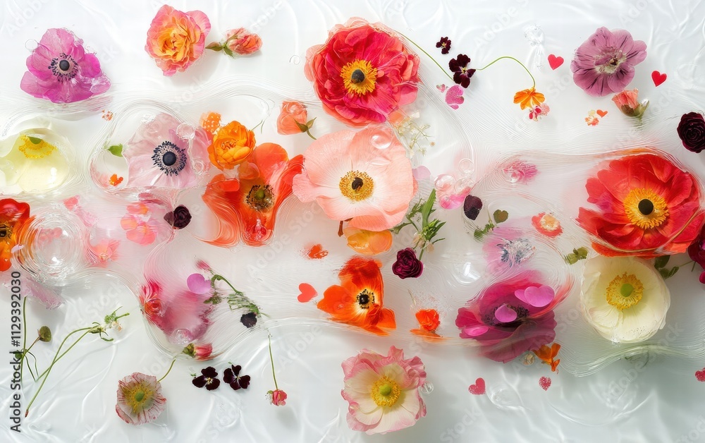 A dynamic composition of colorful flowers gracefully floating on a white background, capturing the spirit of valentines day A dynamic composition of colorful flowers gracefully floating on a white background, capturing the spirit of valentines day