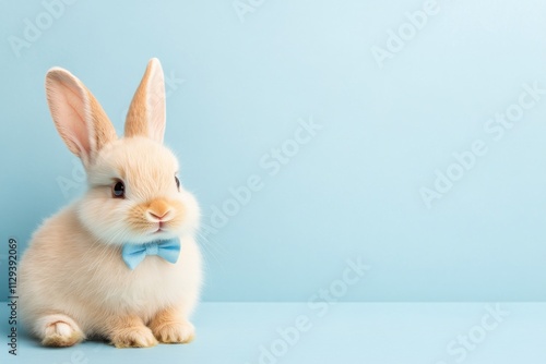 Cute white rabbit with blue bow tie sitting on yellow background photo