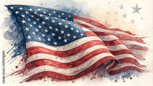 Grunge-painted US flag, watercolor design for national holiday.