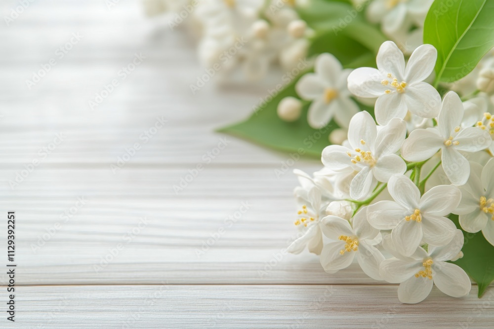 Delicate white flowers arranged on a rustic wooden table in soft natural light Delicate white flowers arranged on a rustic wooden table in soft natural light